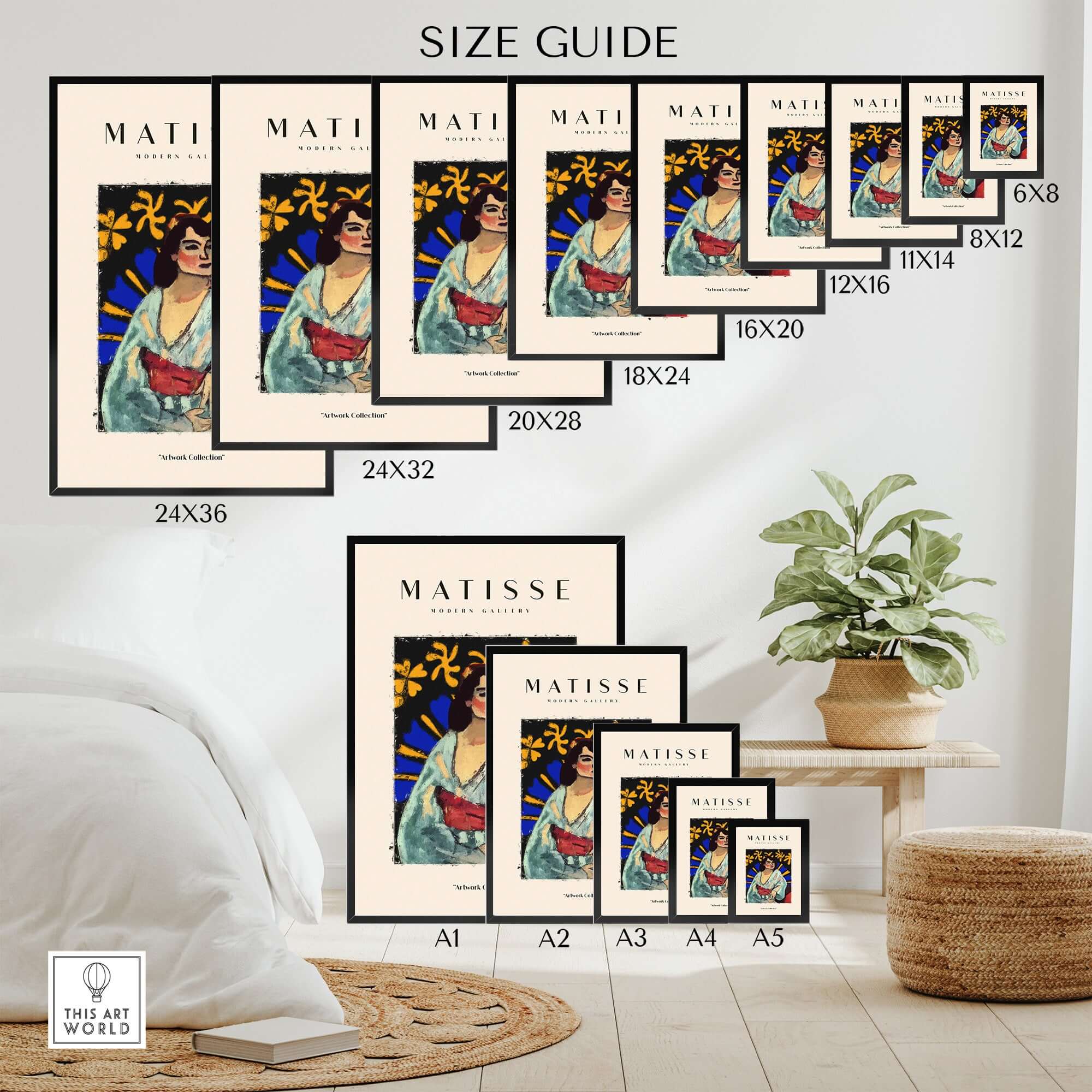 Matisse Art Prints - Woman Robe Abstract Stained Glass Effect Poster size guide displaying various poster sizes.
