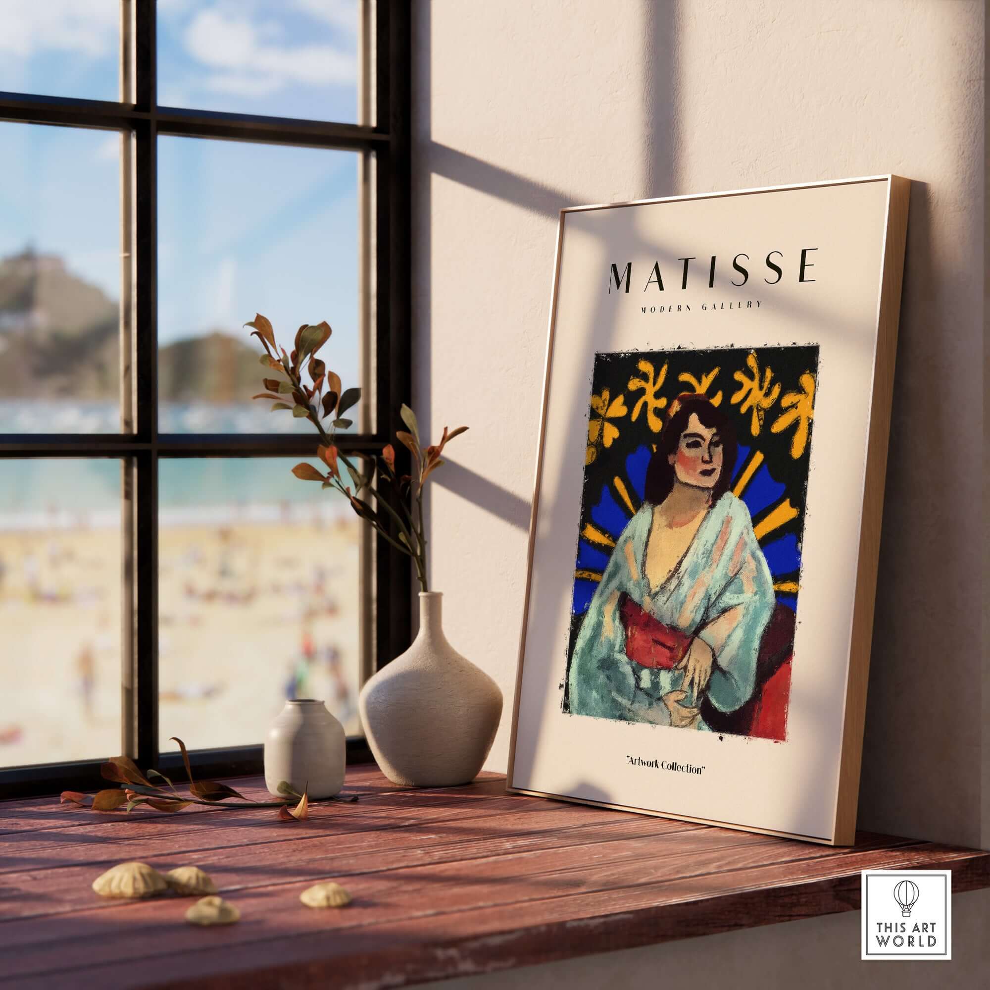 Matisse Art Prints -  Woman Robe Abstract Stained Glass Effect Poster displayed in a sunny room with beach view.