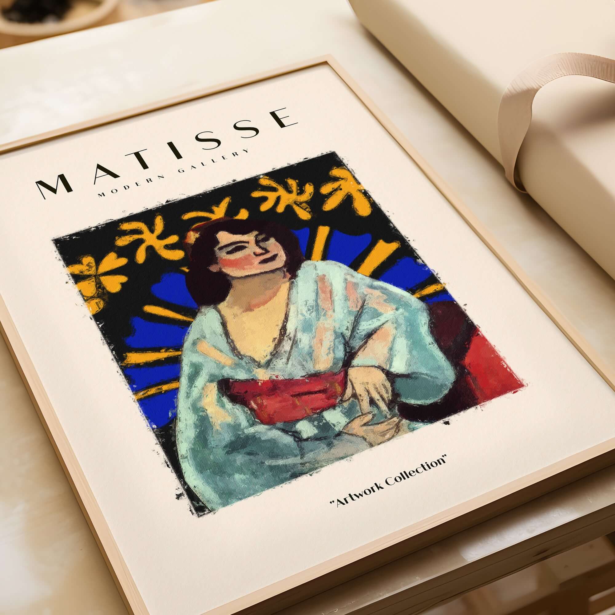 Matisse Art Prints -  Woman Robe Abstract Stained Glass Effect Poster featuring a woman in a blue robe with a red sash.