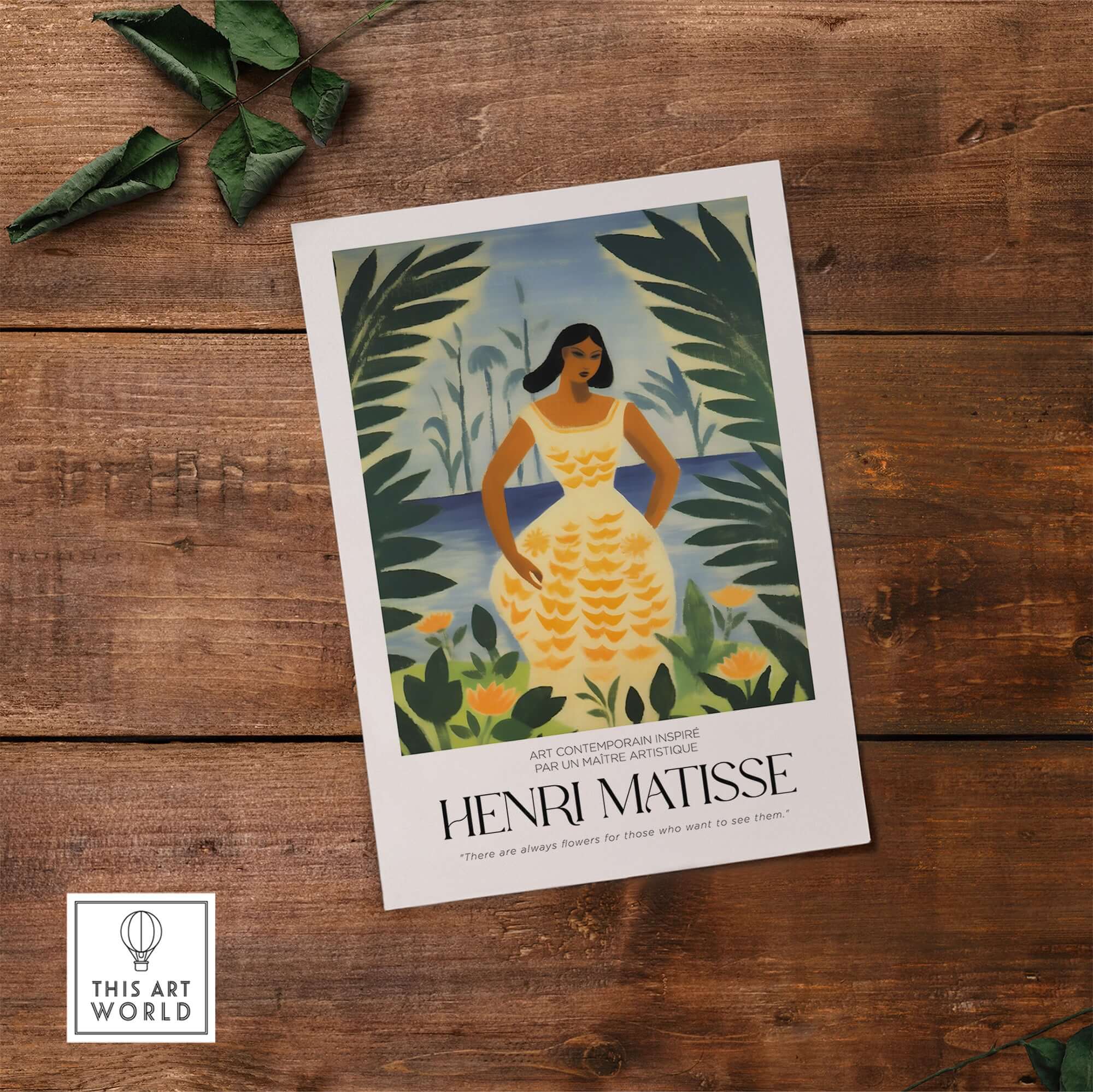 Matisse Art Prints - Woman Tropical Leaves Art Print displayed on wooden surface with greenery accents.