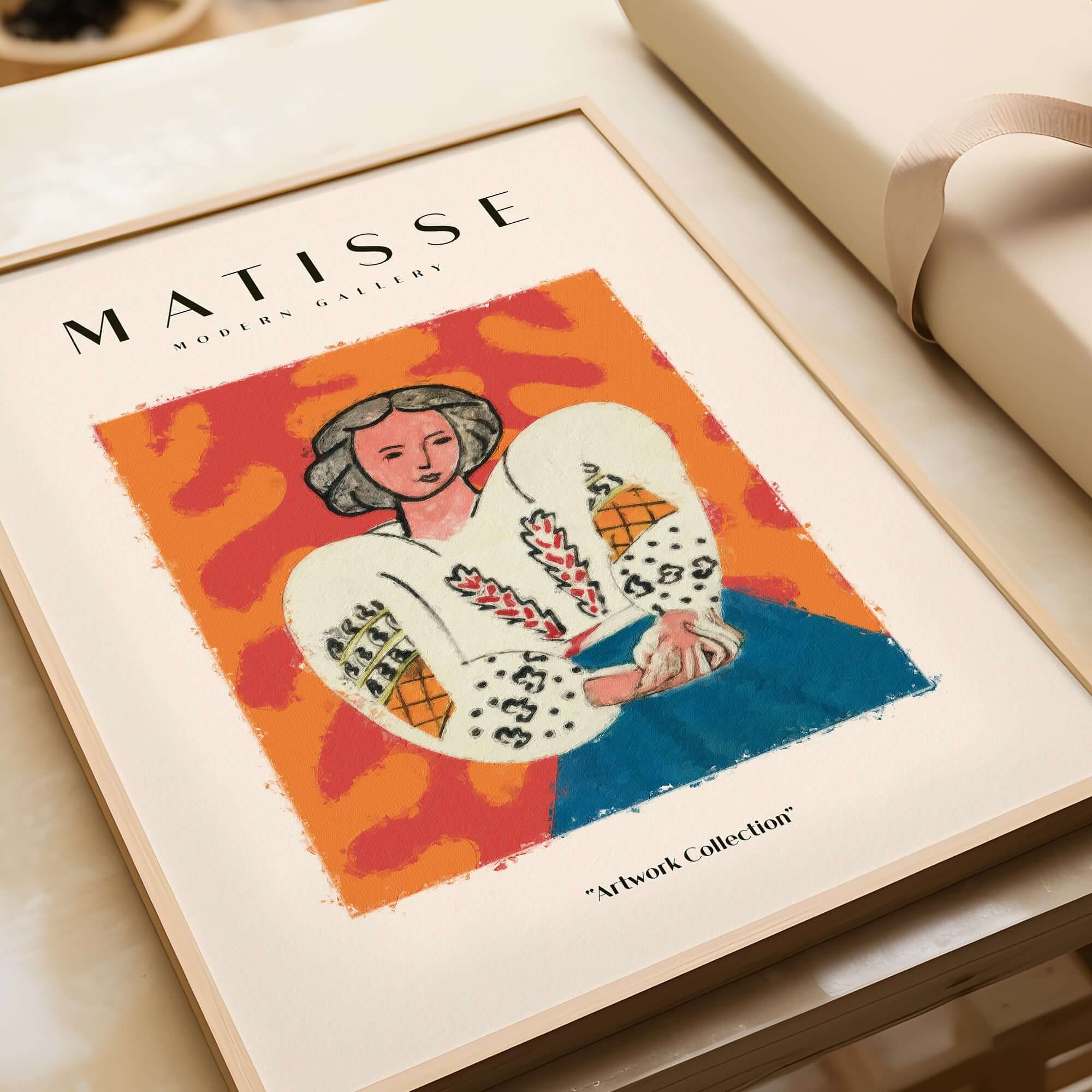 Matisse Art Prints - Woman White Blouse Blue Skirt Portrait Poster showcased in a modern frame with vibrant background.