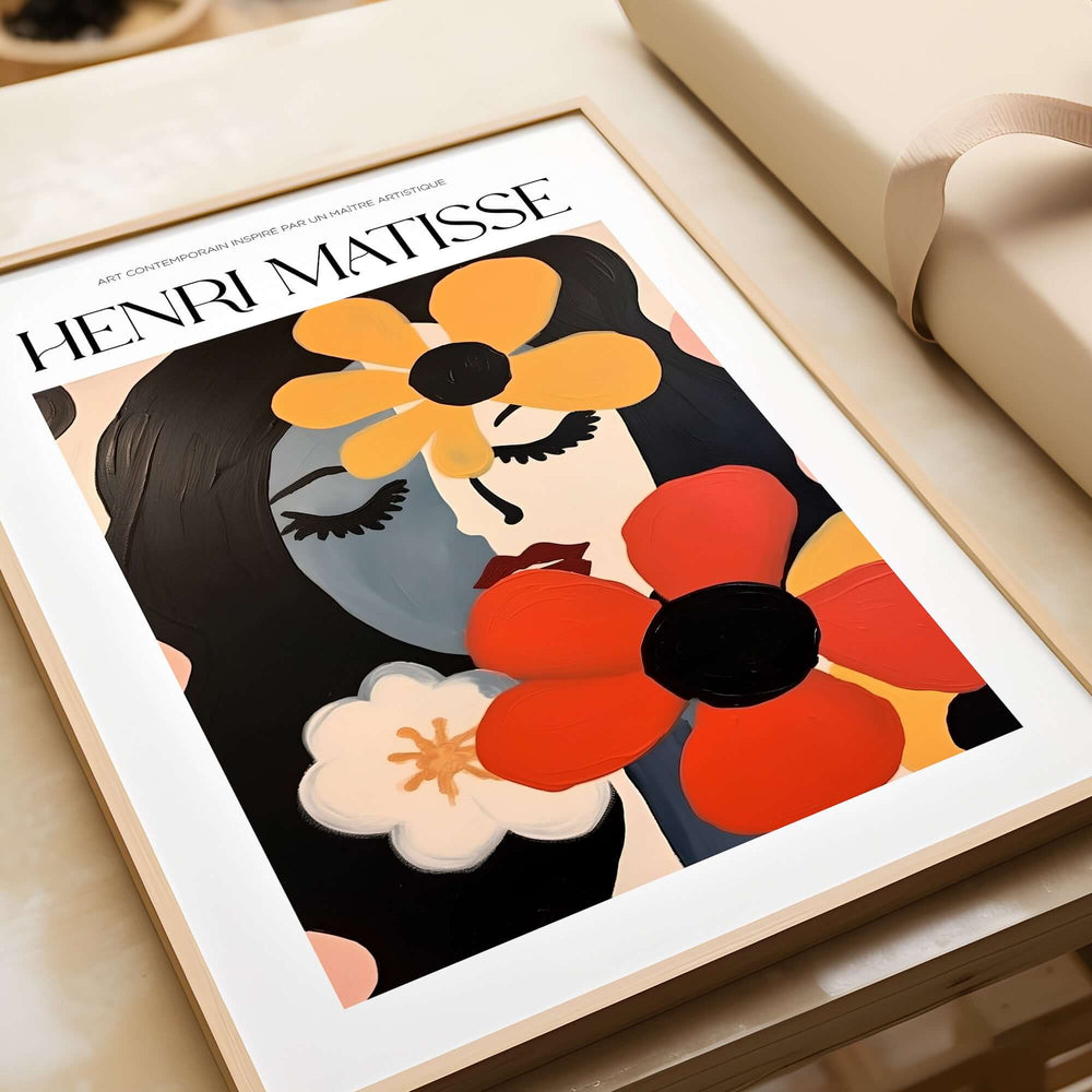 Matisse Art Prints -  Woman with Flowers Abstract Art Print featuring a woman's face adorned with vibrant flowers.