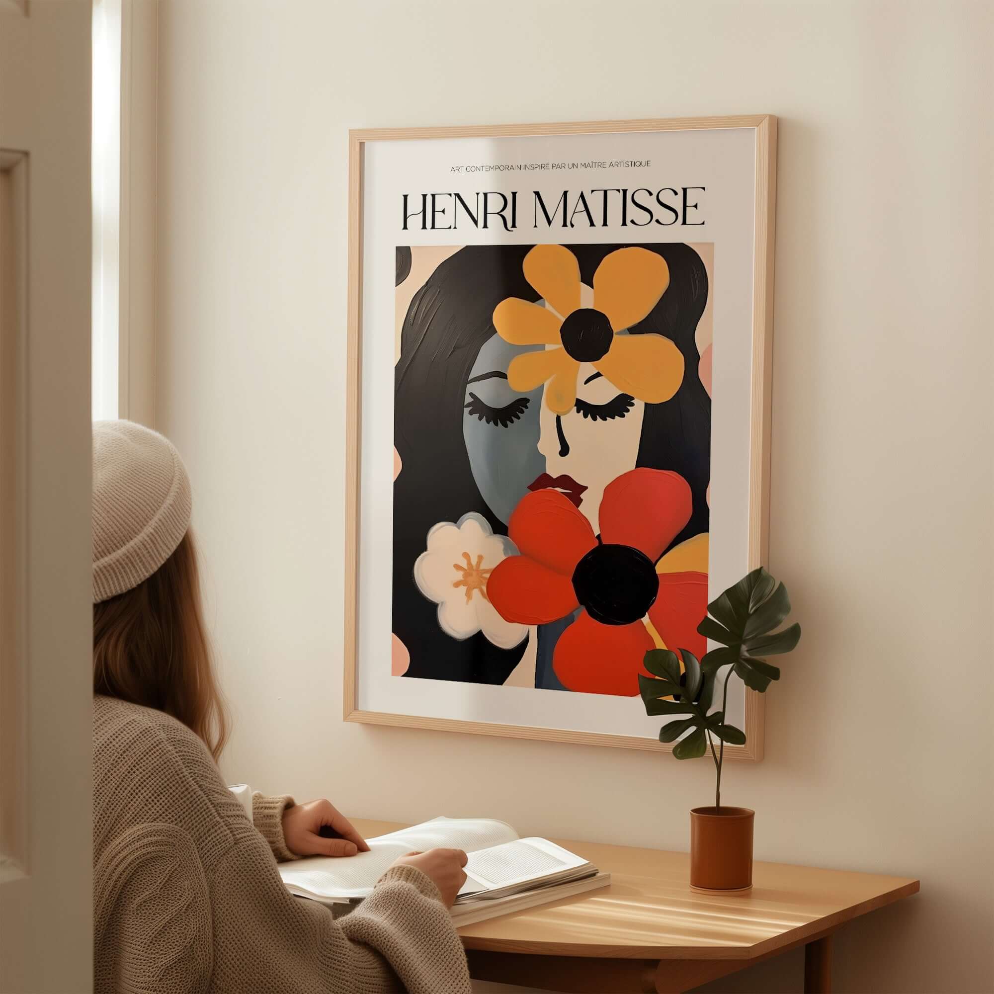 Matisse Art Prints - Woman with Flowers Abstract Art Print displayed on a wall, capturing vibrant colors and artistic flair.