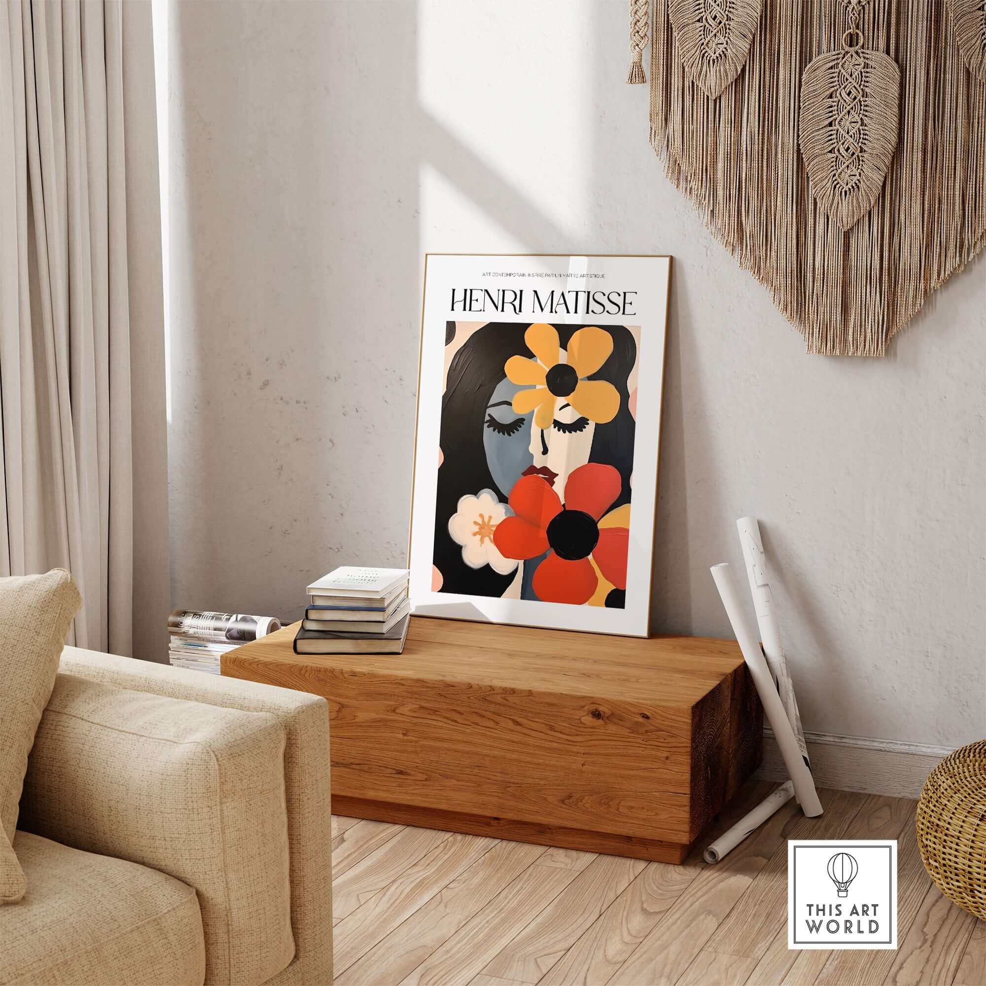 Matisse Art Prints -  Woman with Flowers Abstract Art Print displayed in a cozy living room with wooden furniture.