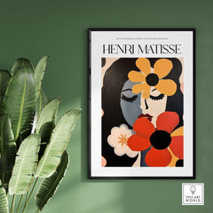 Matisse Art Prints - Woman with Flowers Abstract Art Print featured in stylish home decor setting on green wall.