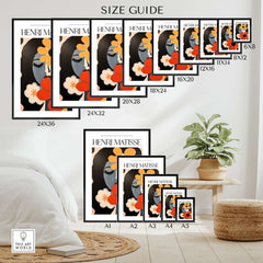 Matisse Art Prints - Woman with Flowers Abstract Art Print size guide showing various frame dimensions.
