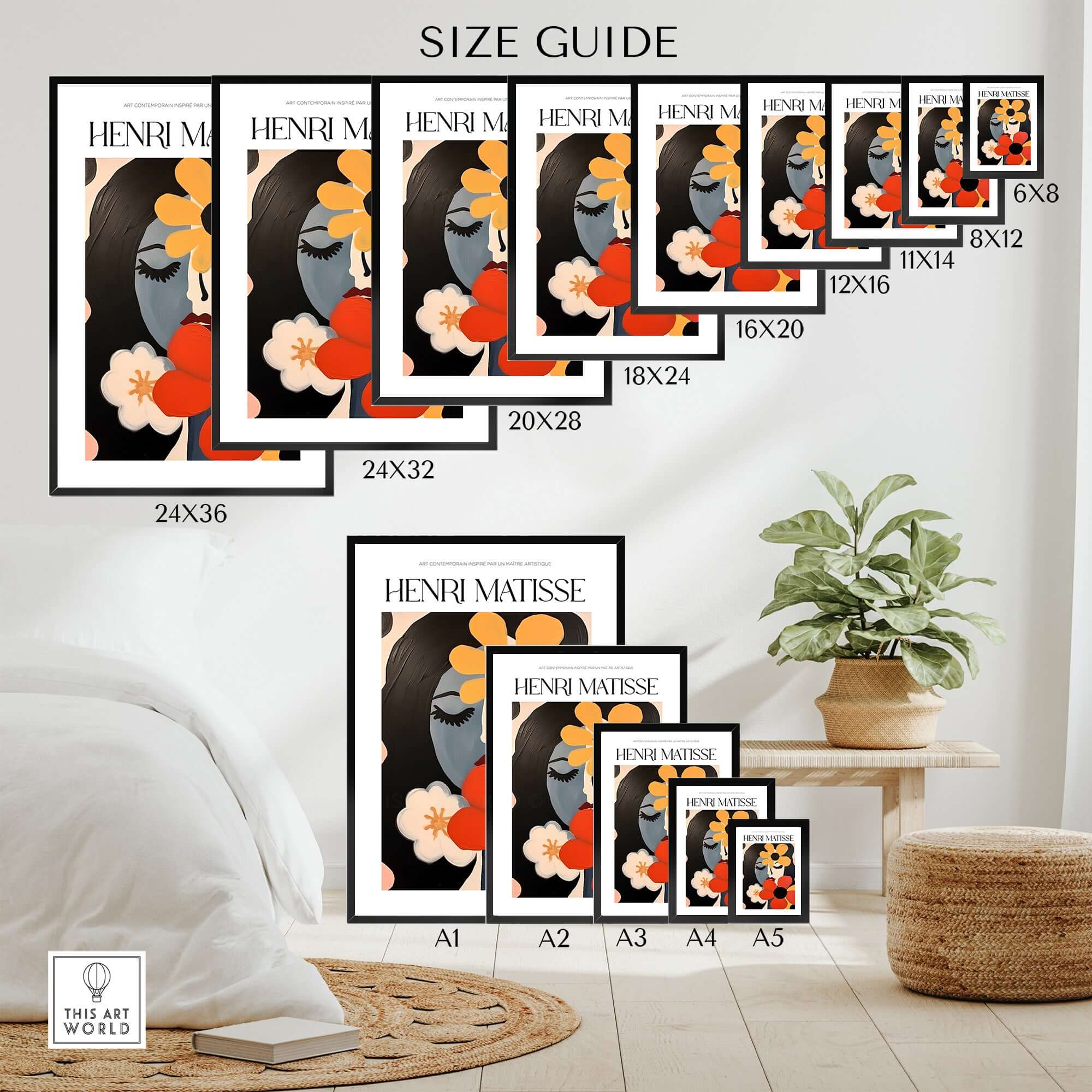 Matisse Art Prints - Woman with Flowers Abstract Art Print size guide showing various frame dimensions.