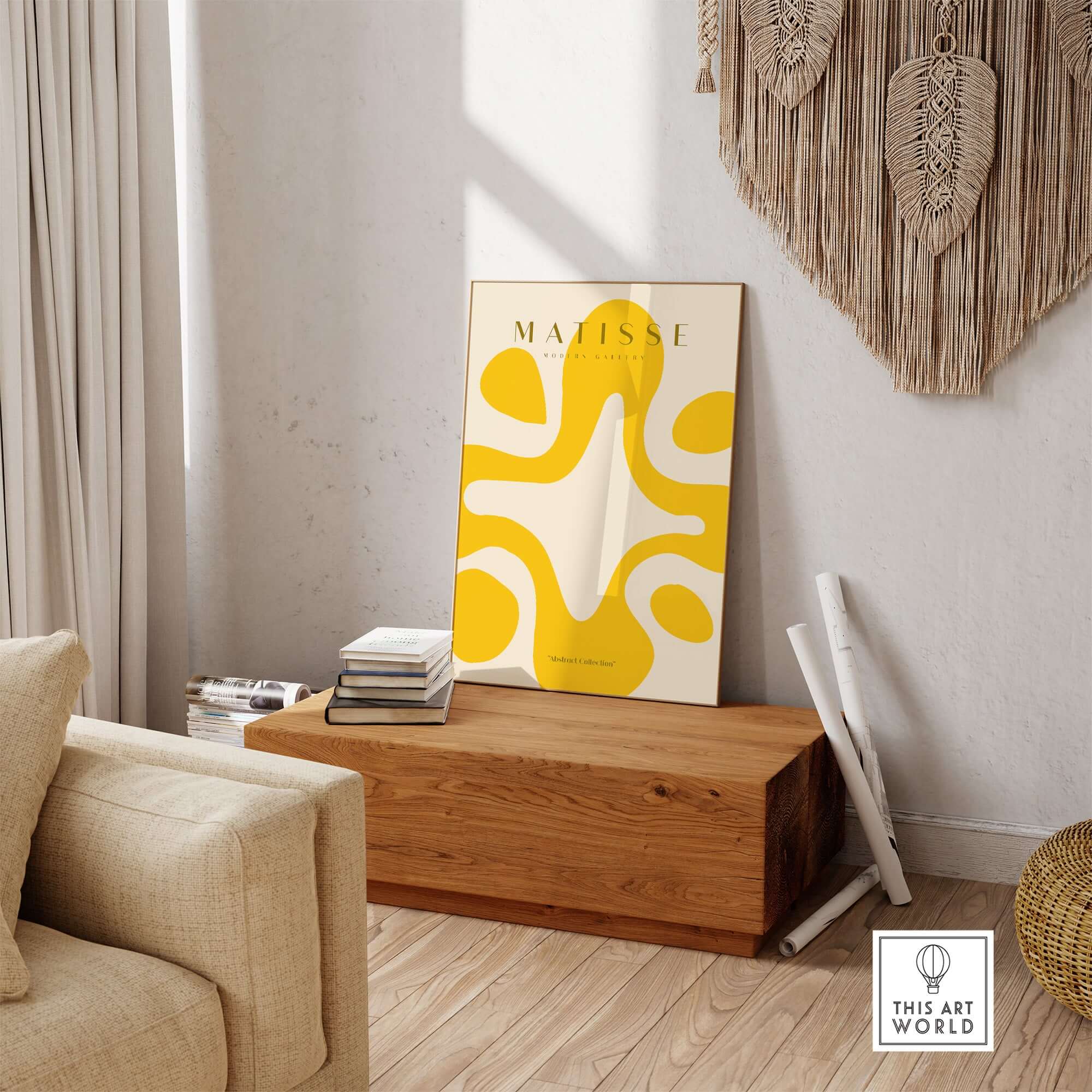 Matisse Art Prints -   Yellow Abstract Fluid Shape Poster displayed in a stylish living room setting.