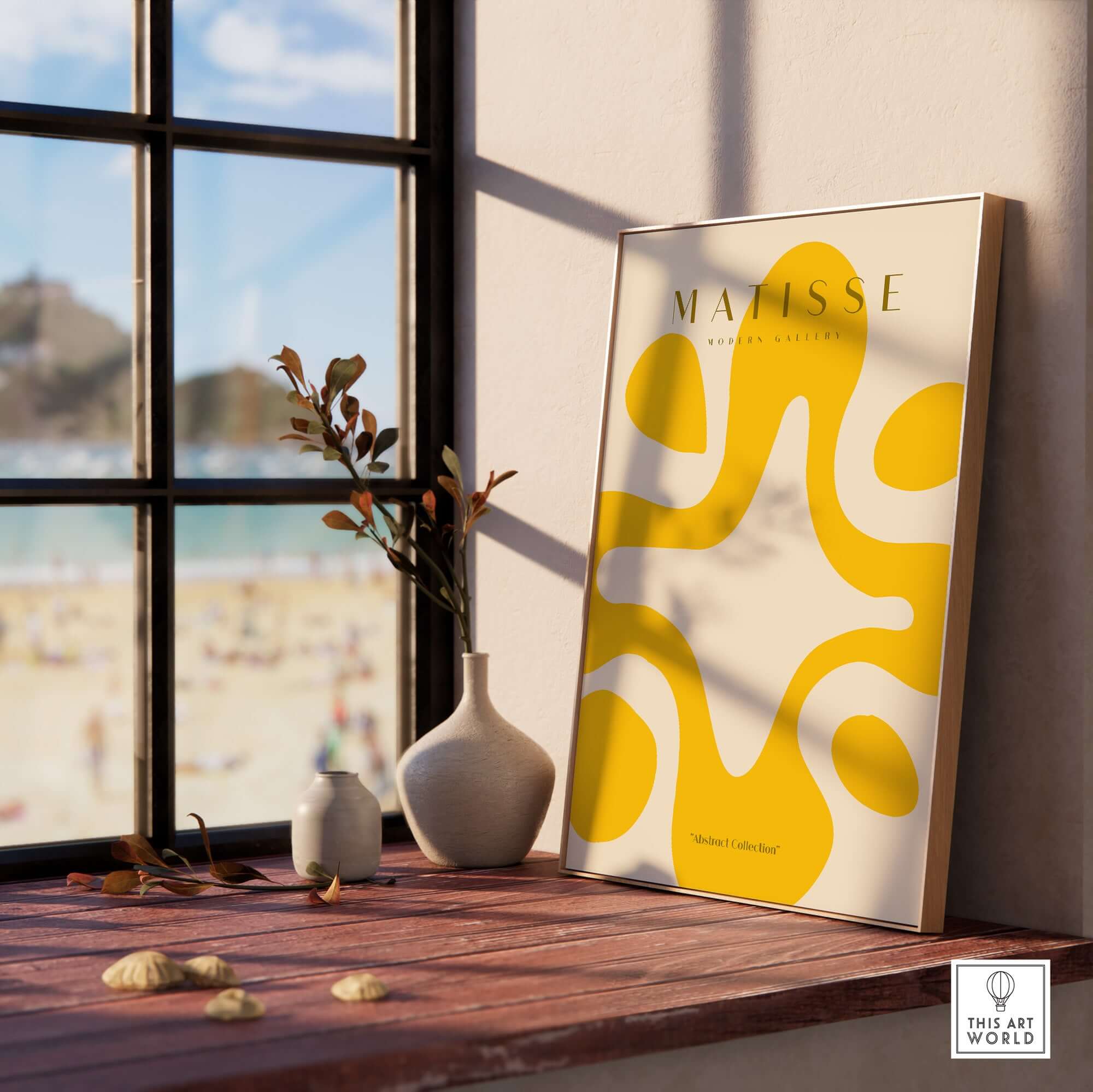 Matisse Art Prints -   Yellow Abstract Fluid Shape Poster displayed in a bright room with neutral decor and beach view.