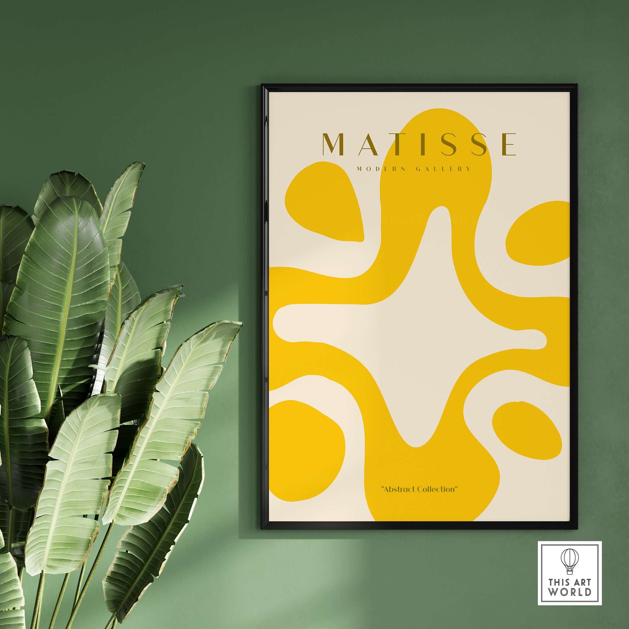 Matisse Art Prints -   Yellow Abstract Fluid Shape Poster displayed on a wall with green plants.
