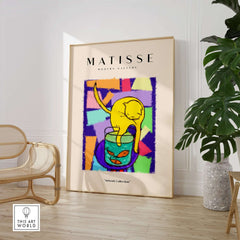 Matisse Art Prints - Yellow Cat with Fishbowl Geometric Poster displayed in modern gallery setting.