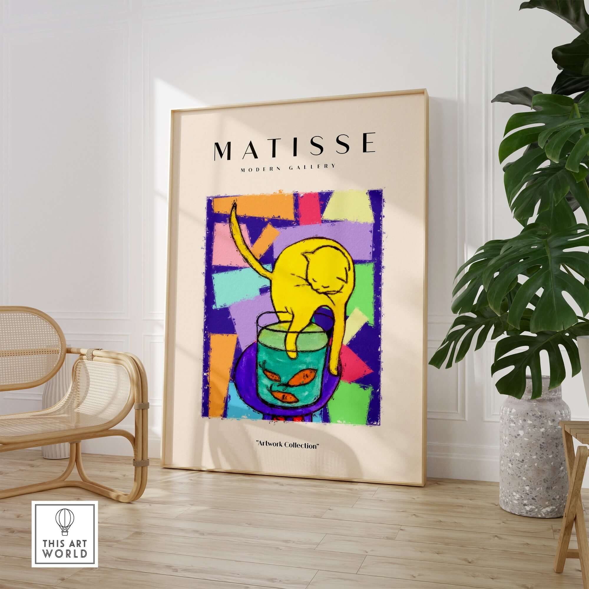 Matisse Art Prints - Yellow Cat with Fishbowl Geometric Poster displayed in modern gallery setting.