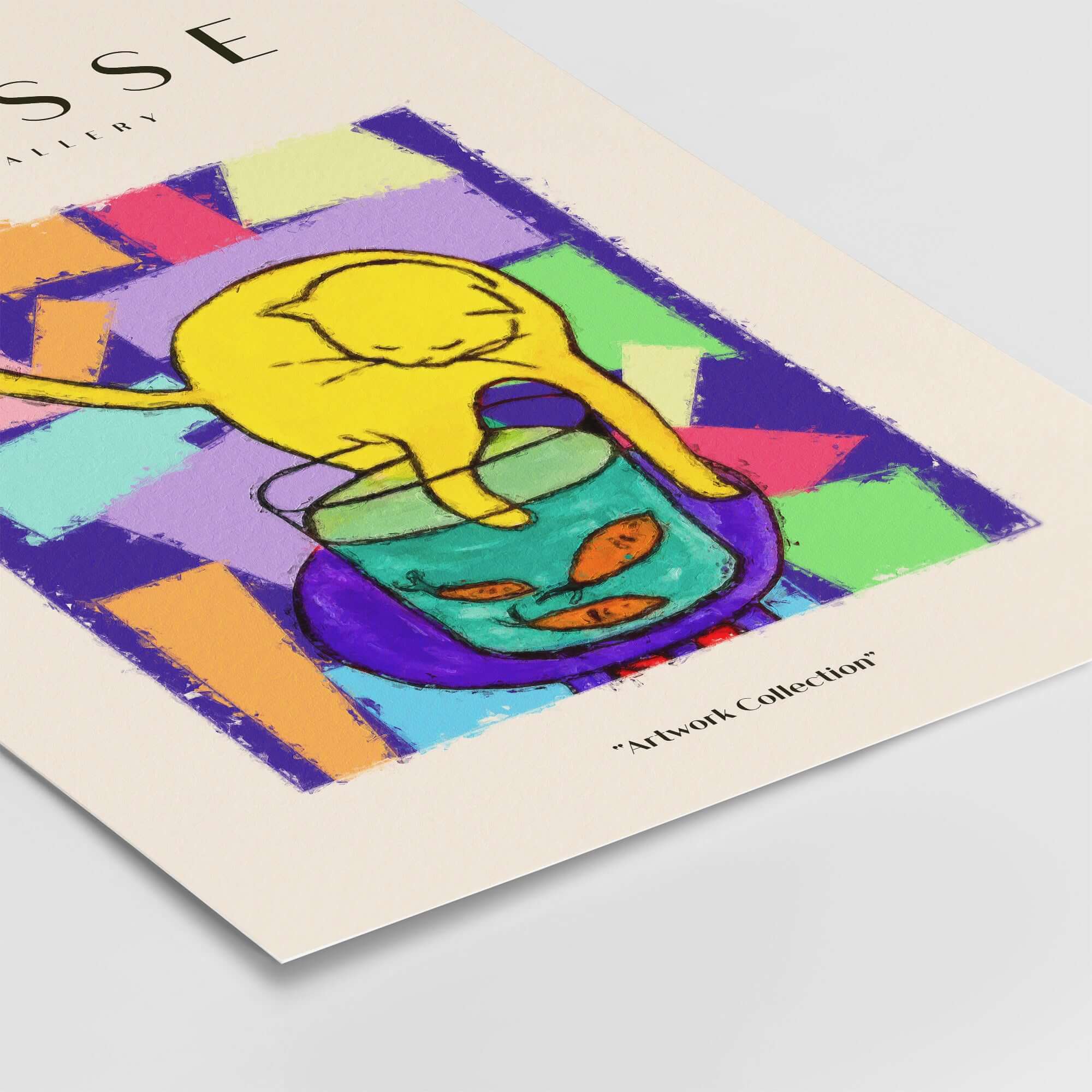Matisse Art Prints - Yellow Cat with Fishbowl Geometric Poster featuring a yellow cat interacting with a fishbowl.