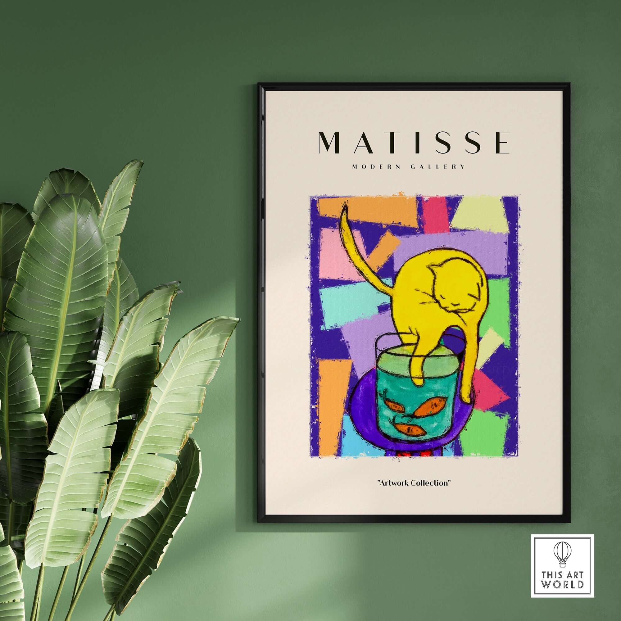 Matisse Art Prints - Yellow Cat with Fishbowl Geometric Poster framed artwork displaying a cat and fishbowl with vibrant colors.