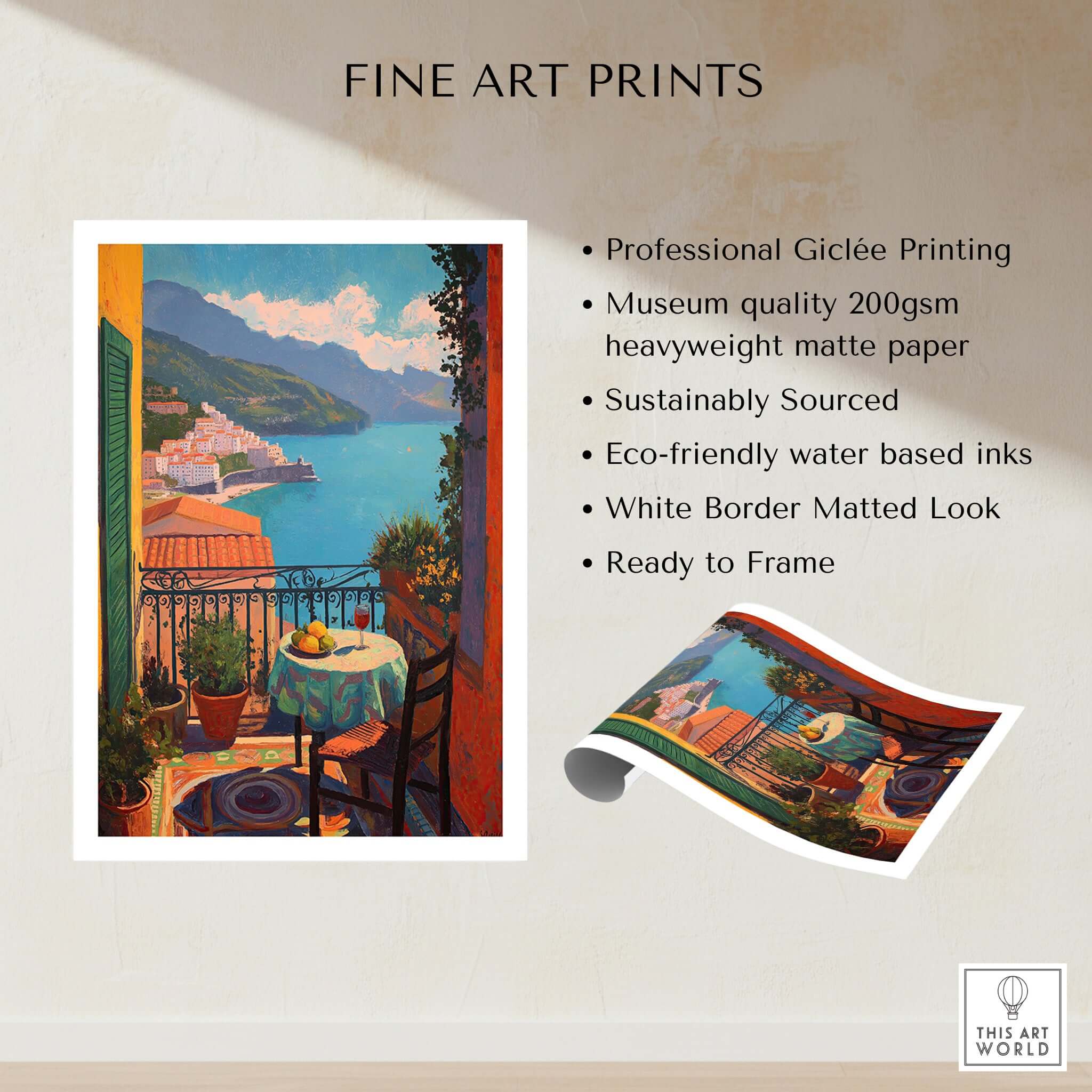 Matisse Balcony View Art Print | Amalfi Coast Poster featuring vibrant coastal view and balcony scene
