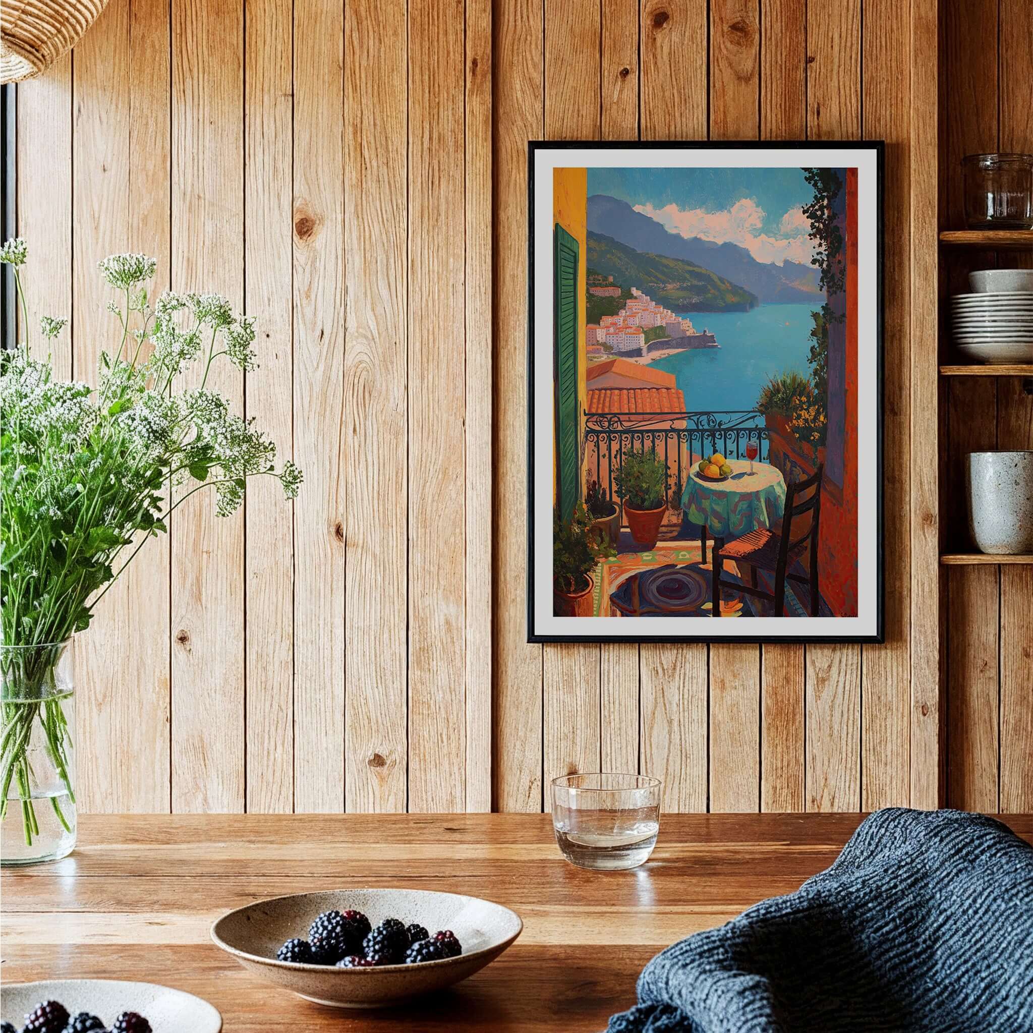 Matisse Balcony View Art Print | Amalfi Coast Poster displayed in a cozy wooden interior with plants and fruit.