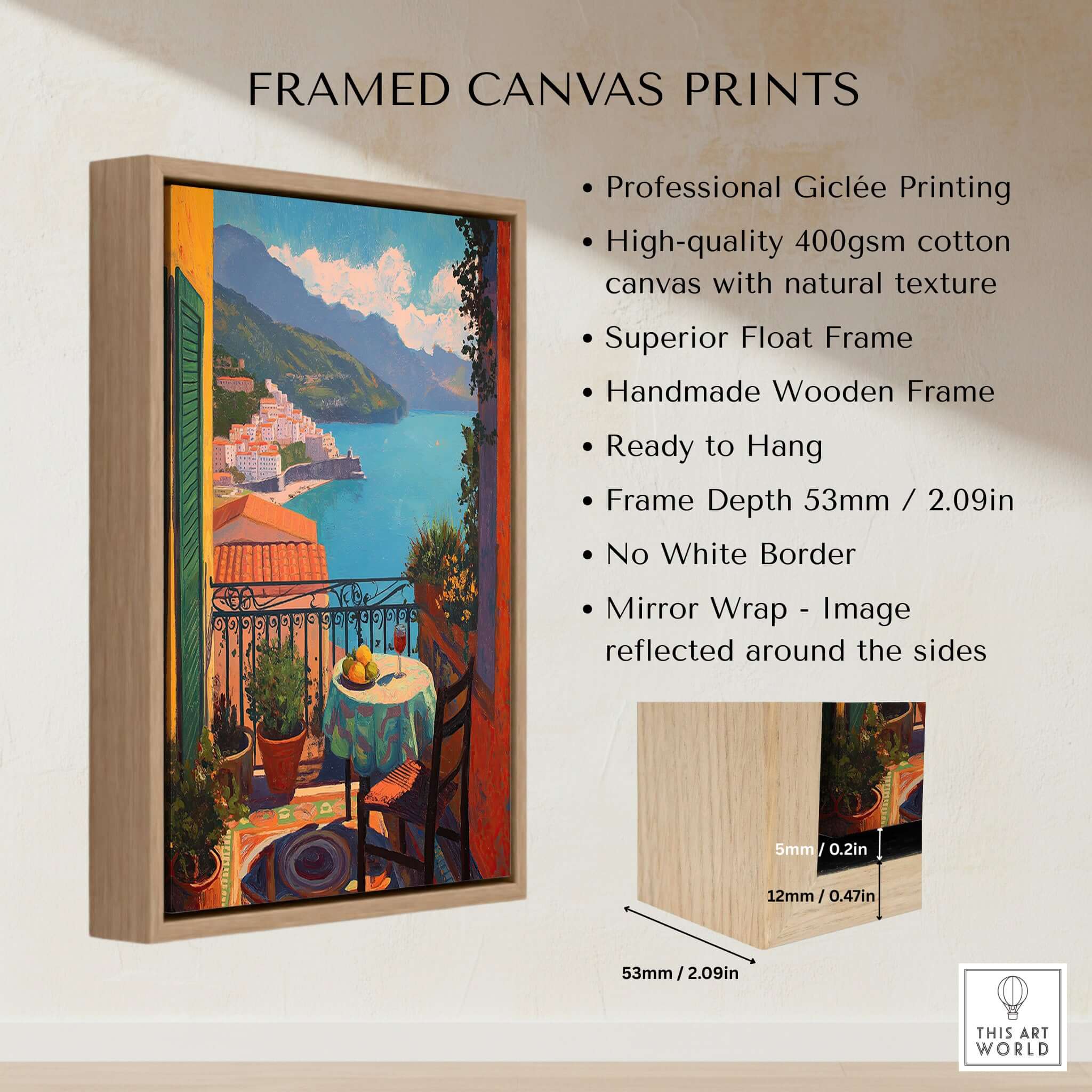 Matisse Balcony View Art Print | Amalfi Coast Poster framed canvas print details including professional giclée printing and handmade frame.