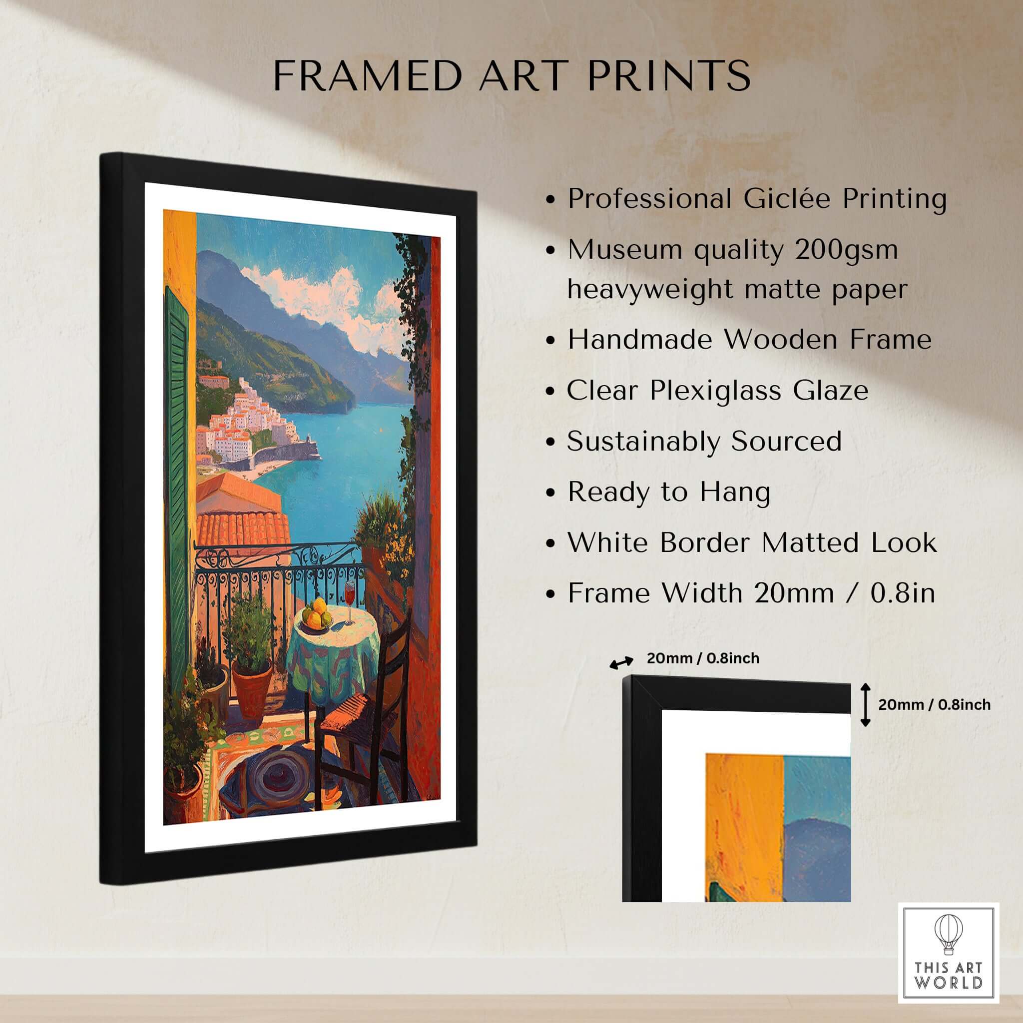 Matisse Balcony View Art Print | Amalfi Coast Poster displayed in a framed setup showcasing vibrant colors and coastal scenery.