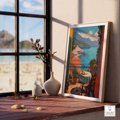 Matisse Balcony View Art Print | Amalfi Coast Poster displayed on a ledge by a window, showcasing coastal views.