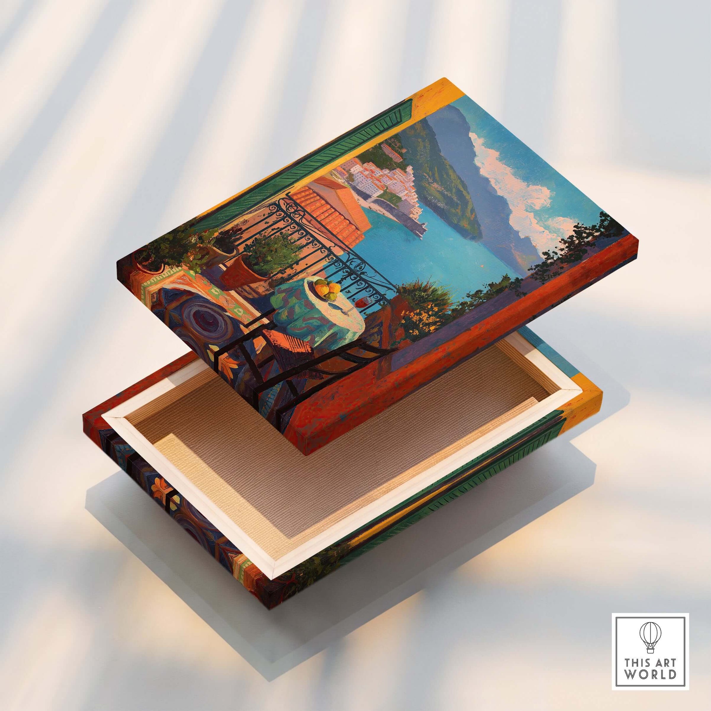 Matisse Balcony View Art Print | Amalfi Coast Poster on a decorative box, showcasing beautiful coastal scenery.