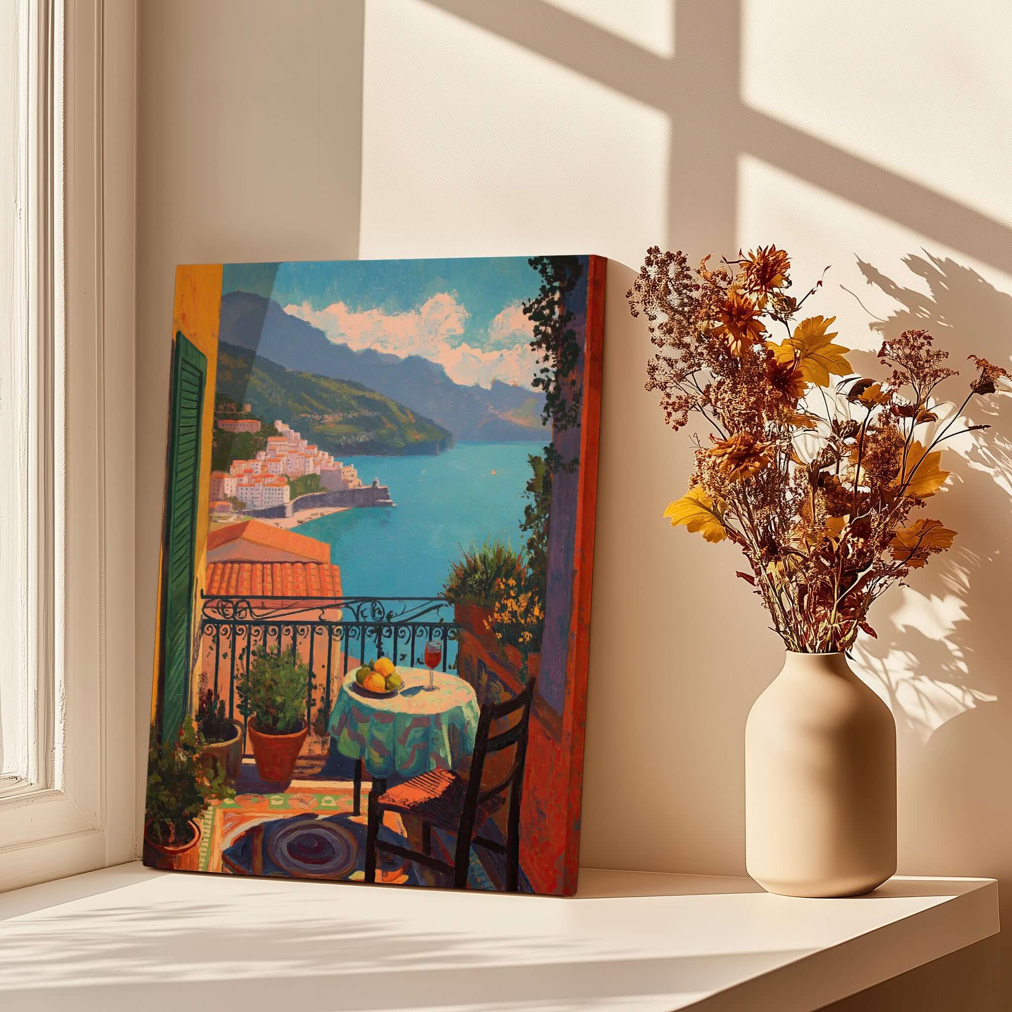 Matisse Balcony View Art Print | Amalfi Coast Poster featuring a vibrant coastal scene from a balcony.