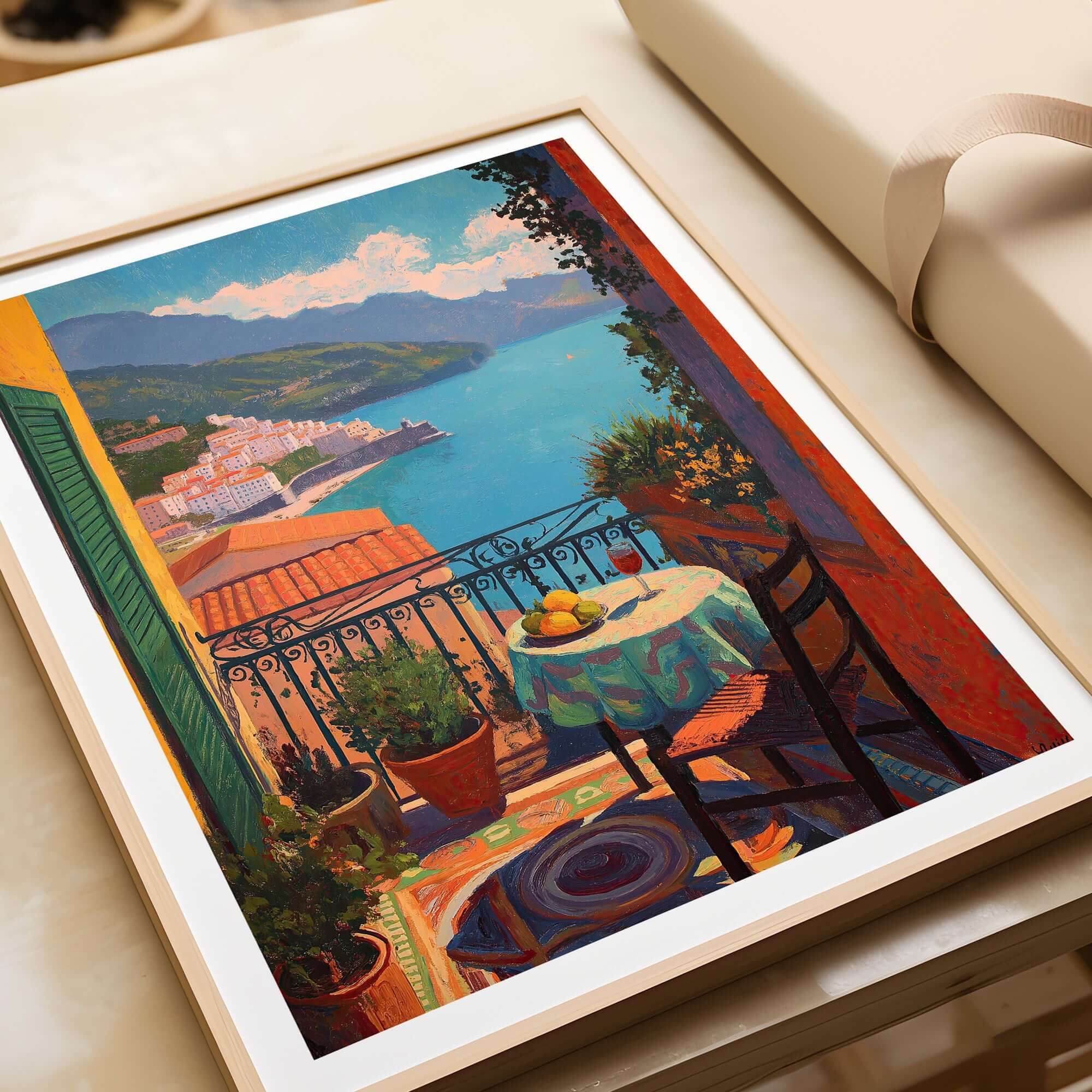 Matisse Balcony View Art Print | Amalfi Coast Poster showing vibrant balcony with sweeping coastline views.