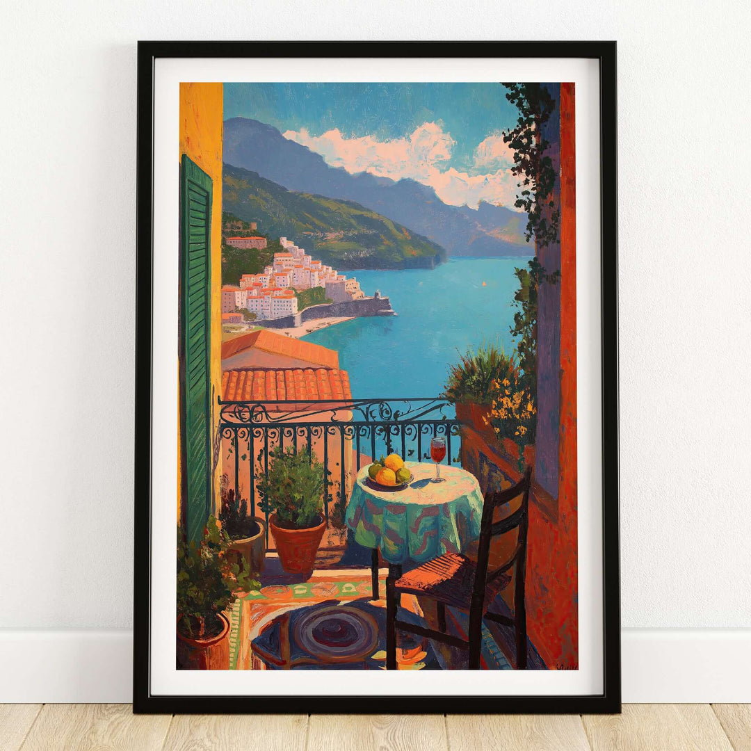 Matisse Balcony View Art Print | Amalfi Coast Poster showcasing a vibrant balcony with a view of the Amalfi Coast.