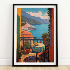 Matisse Balcony View Art Print | Amalfi Coast Poster showcasing a vibrant balcony with a view of the Amalfi Coast.