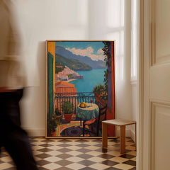 Matisse Balcony View Art Print | Amalfi Coast Poster showcasing a vibrant seaside scene framed in a stylish interior.