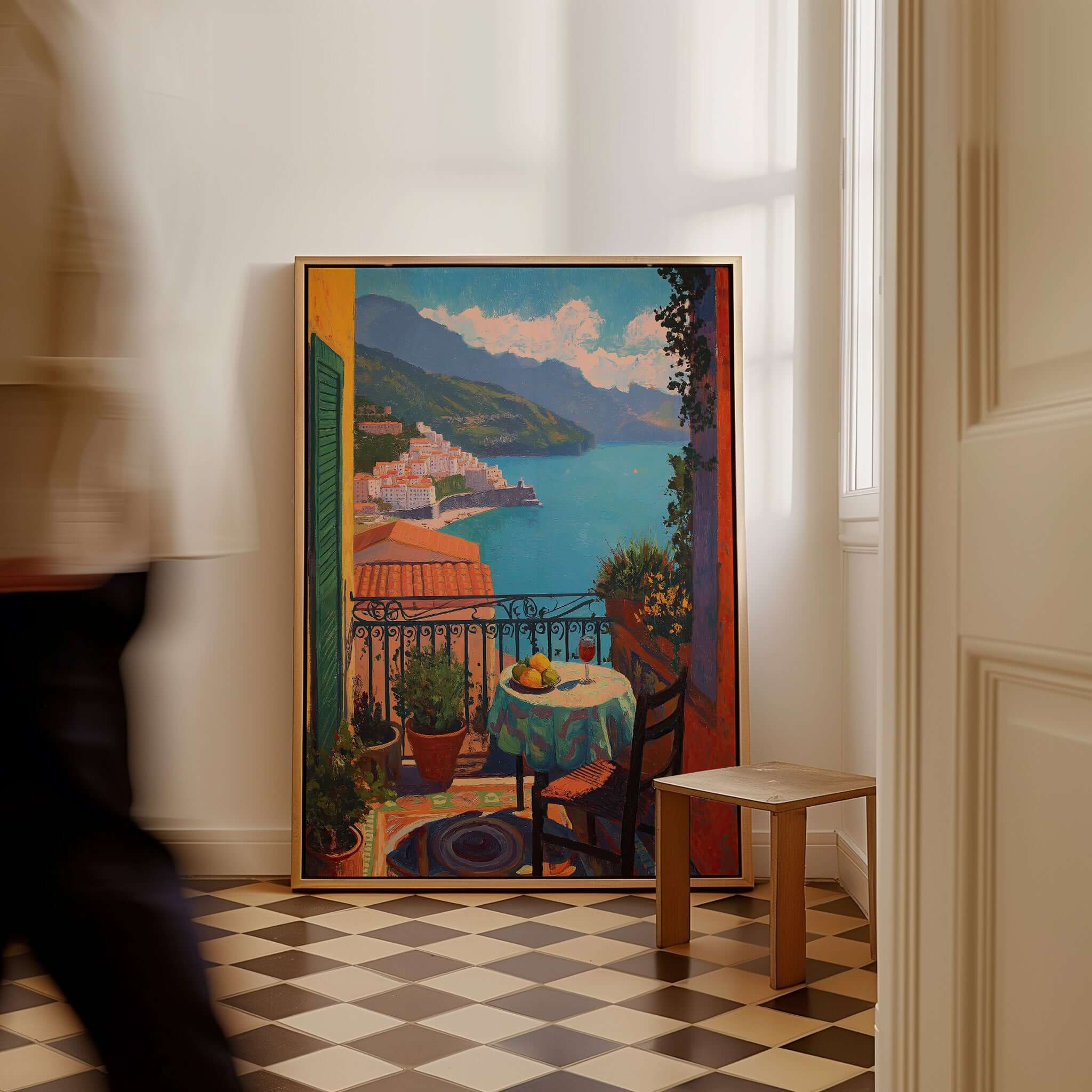 Matisse Balcony View Art Print | Amalfi Coast Poster showcasing a vibrant seaside scene framed in a stylish interior.
