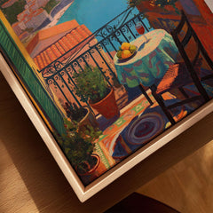 Matisse Balcony View Art Print | Amalfi Coast Poster showcasing a vibrant balcony scene with a table and view.