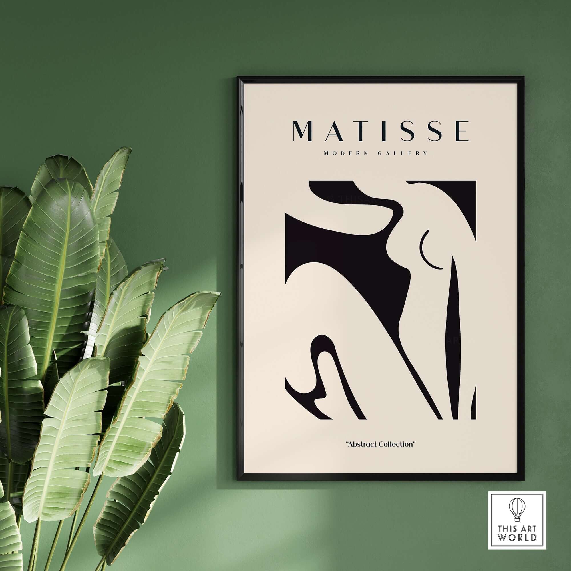 Matisse Art Prints - Black Abstract Nude Figure Poster displayed in modern interior with greenery.