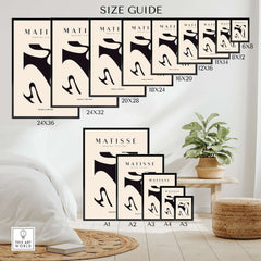 Matisse Art Prints - Black Abstract Nude Figure Poster size guide showcasing various poster dimensions and layout.