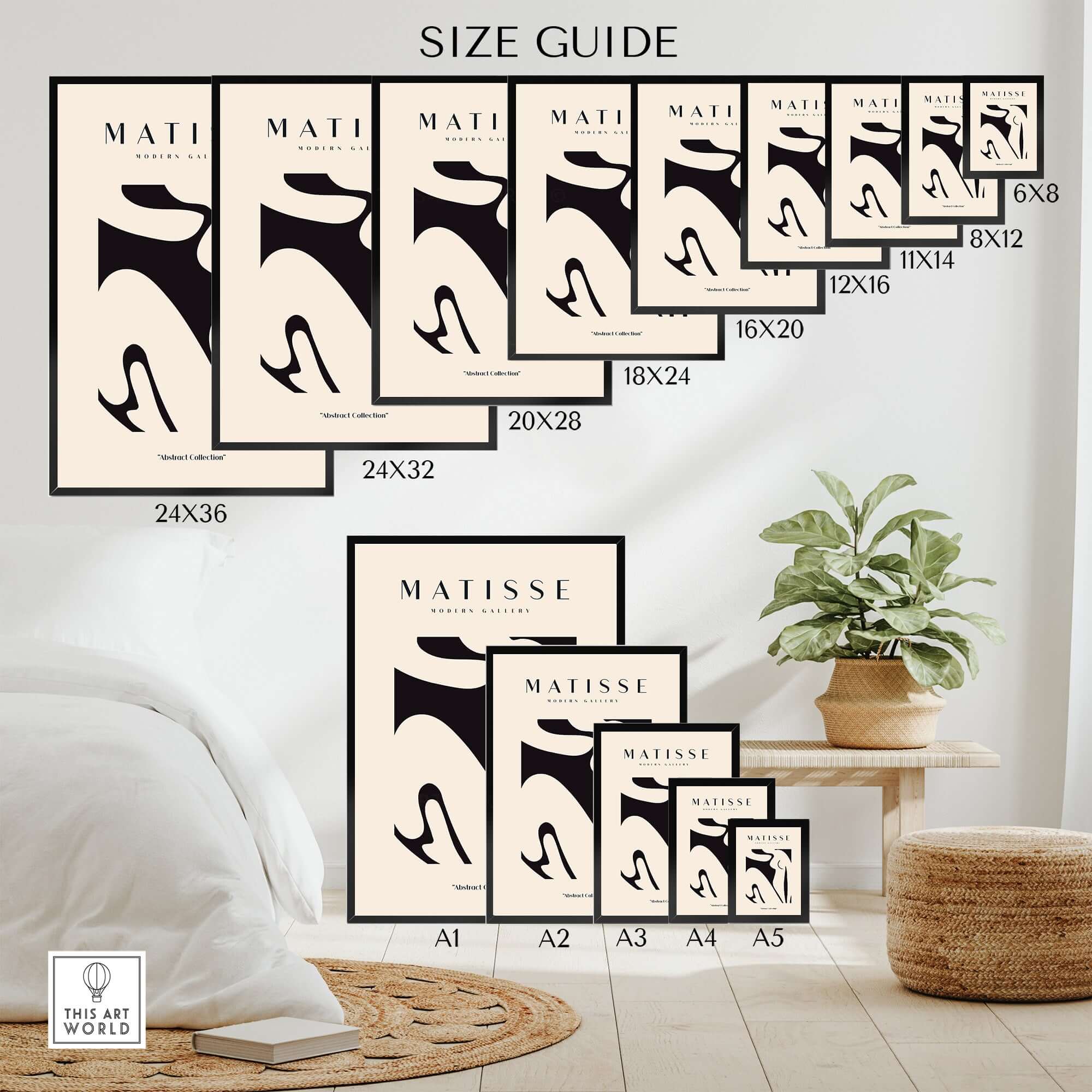 Matisse Art Prints - Black Abstract Nude Figure Poster size guide showcasing various poster dimensions and layout.