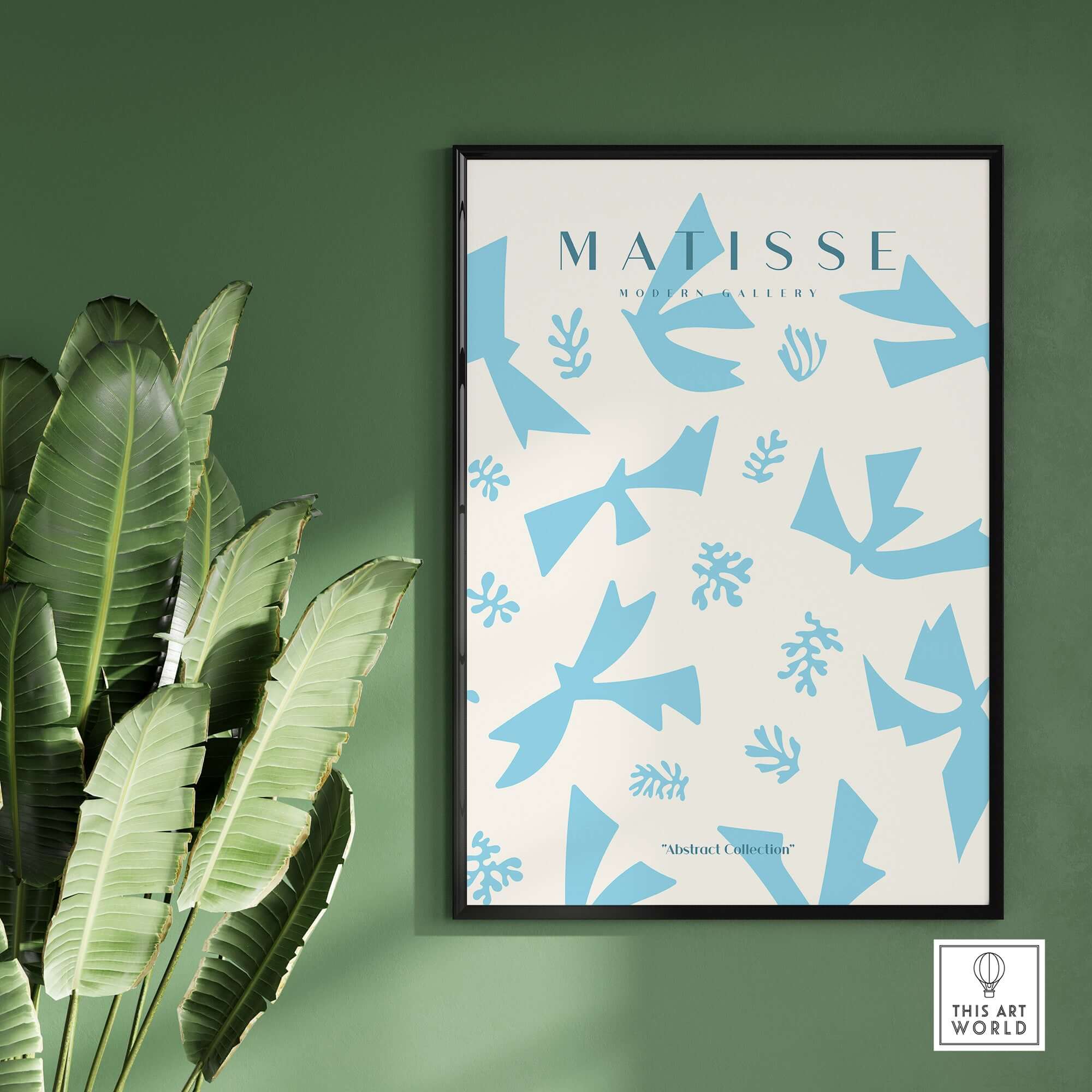 Matisse Art Prints -Blue Abstract Birds Botanical Pattern Poster displayed on a green wall with foliage.