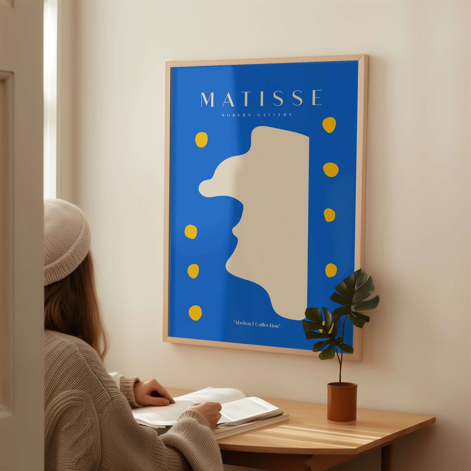 Matisse Art Prints -  Blue Abstract Profile with Yellow Dots Poster displayed in a minimalist interior setting.
