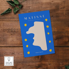Matisse Art Prints -  Blue Abstract Profile with Yellow Dots Poster featuring minimalist design and bold colors.