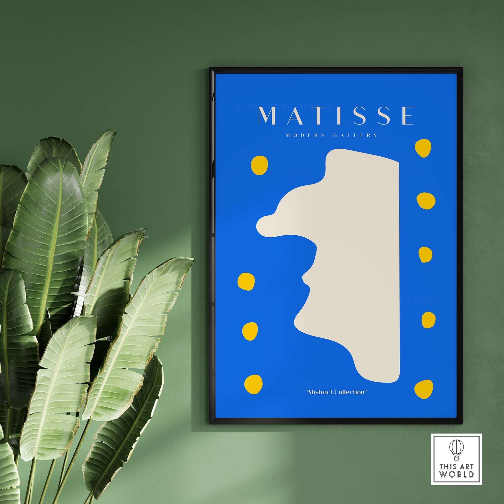 Matisse Art Prints - Blue Abstract Profile with Yellow Dots Poster displayed on a green wall with plants.