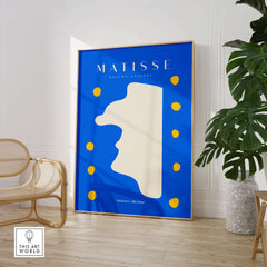 Matisse Art Prints -  Blue Abstract Profile with Yellow Dots Poster displayed in a modern interior setting.