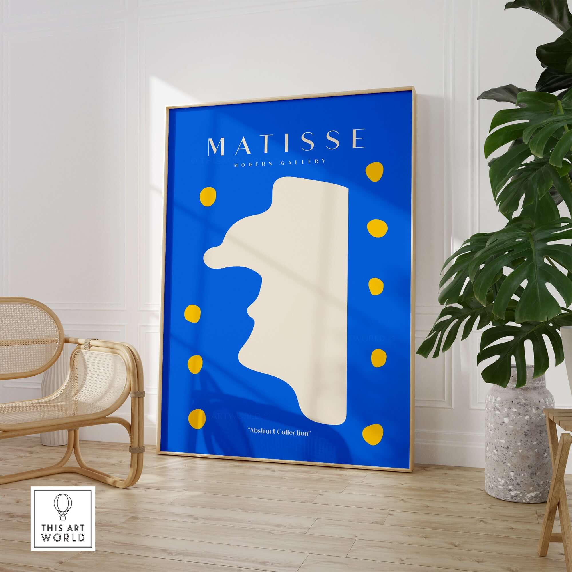 Matisse Art Prints -  Blue Abstract Profile with Yellow Dots Poster displayed in a modern interior setting.