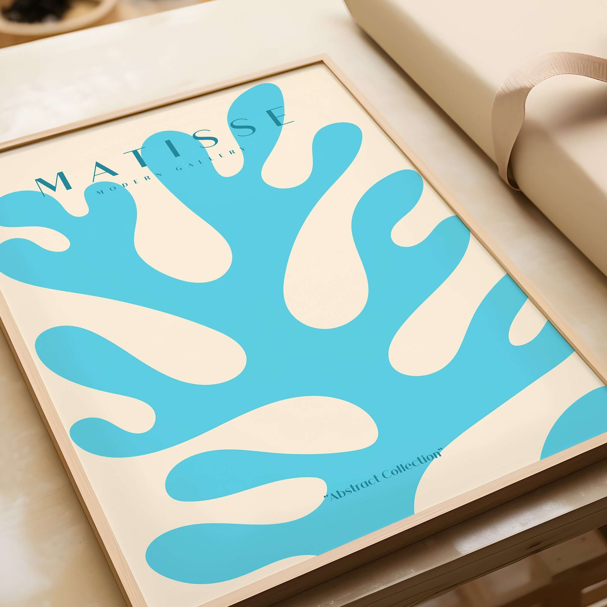 Matisse Art Prints -  Blue Coral Abstract Botanical Art Print Poster featuring vibrant cyan coral design on beige background.