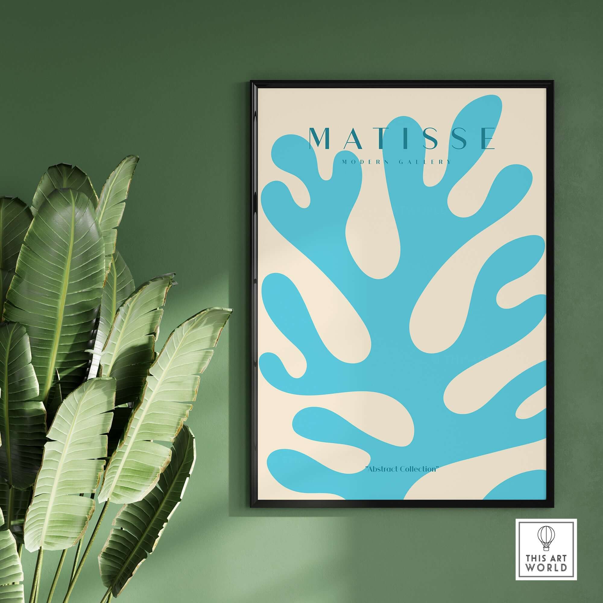 Matisse Art Prints -  Blue Coral Abstract Botanical Art Print Poster displayed in a modern home setting with green wall.