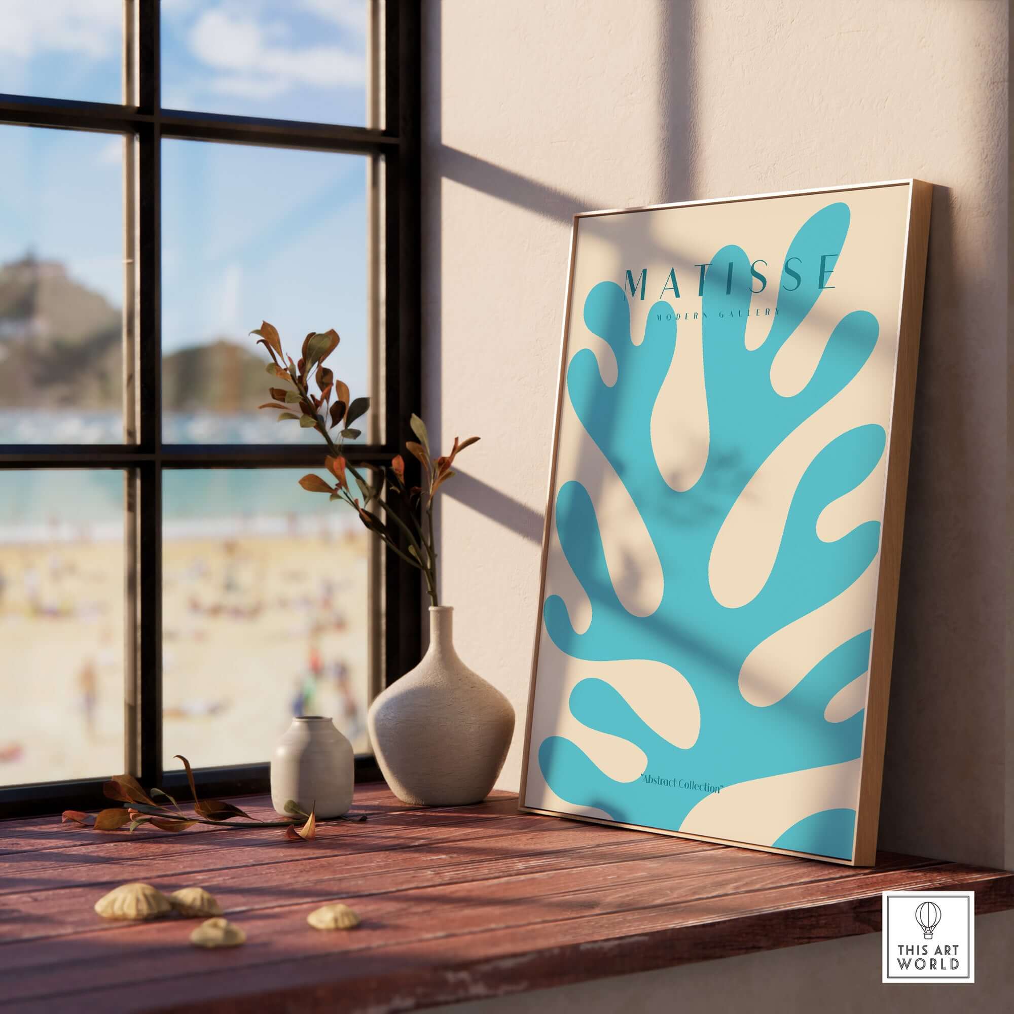 Matisse Art Prints -  Blue Coral Abstract Botanical Art Print Poster displayed in a sunlit interior with coastal view.