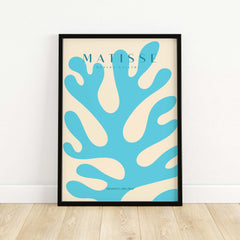 Matisse Art Prints -  Blue Coral Abstract Botanical Art Print Poster featuring bold cyan coral design on beige background.