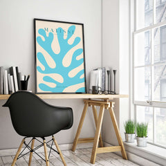 Matisse Art Prints -  Blue Coral Abstract Botanical Art Print Poster displayed in a modern home office setting.