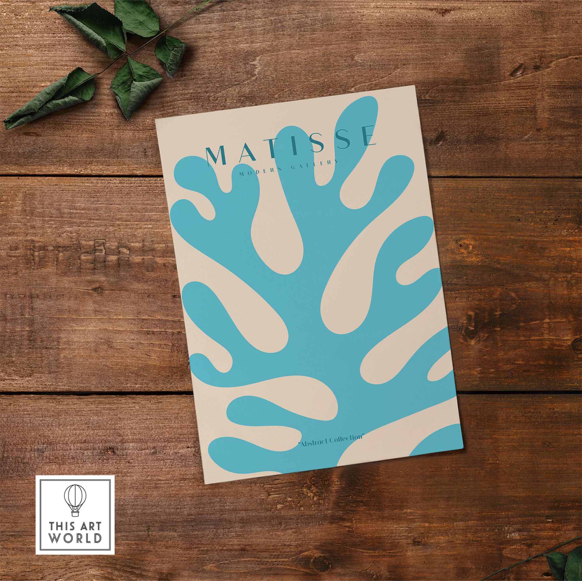 Matisse Art Prints -  Blue Coral Abstract Botanical Art Print Poster displayed against wooden background.