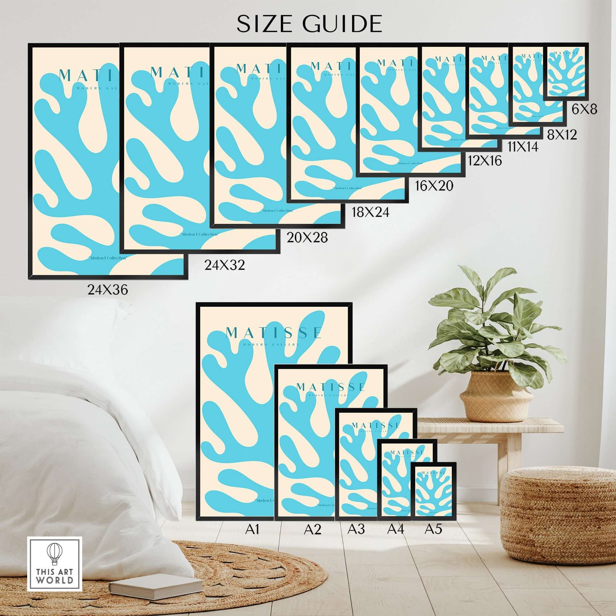 Matisse Art Prints -  Blue Coral Abstract Botanical Art Print Poster Size Guide showcasing various dimensions visually.