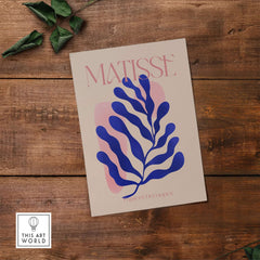 Matisse Blue Leaf Abstract Papiers Découpés Wall Art Print featuring blue leaf design on beige background.