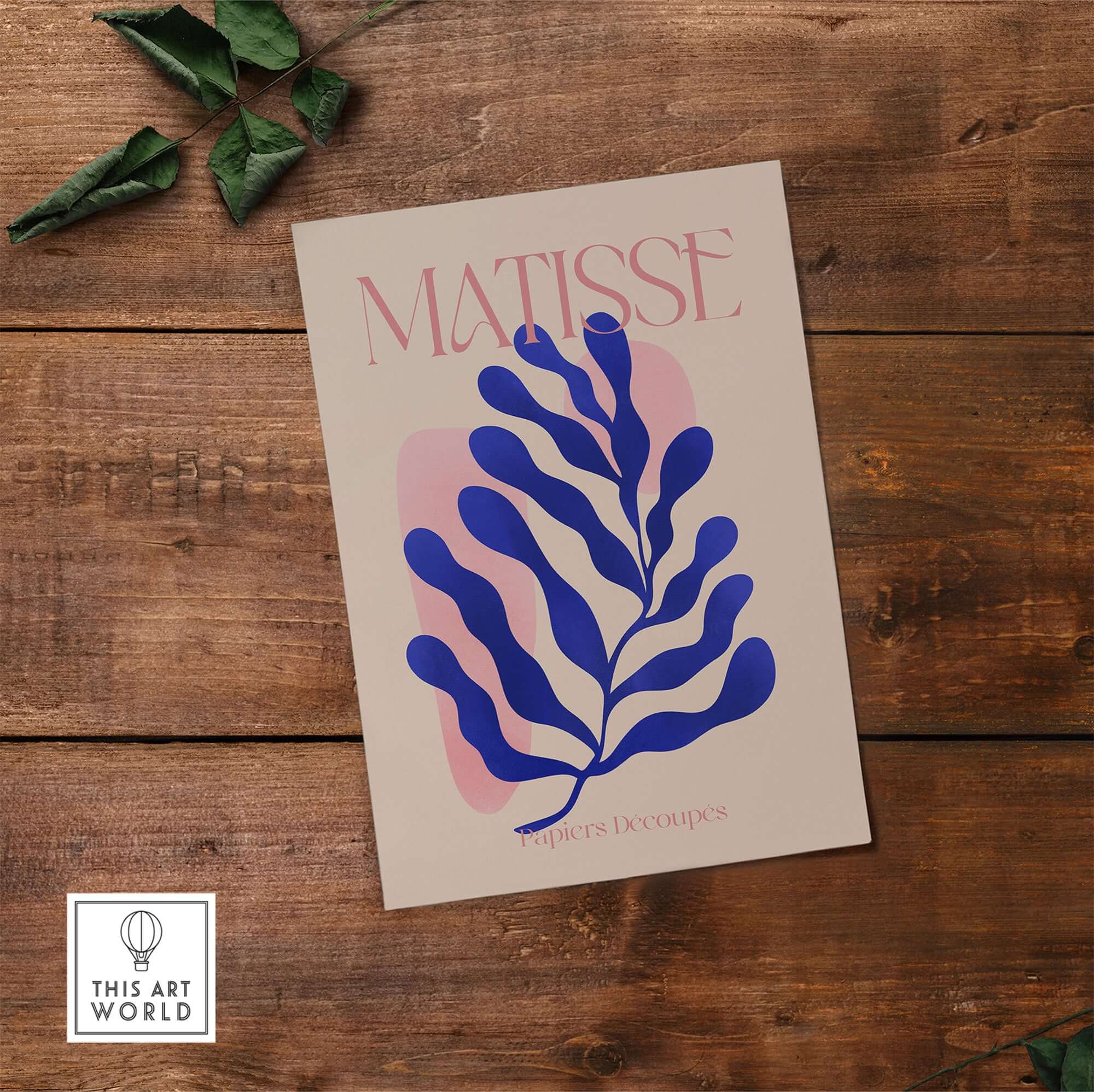 Matisse Blue Leaf Abstract Papiers Découpés Wall Art Print featuring blue leaf design on beige background.