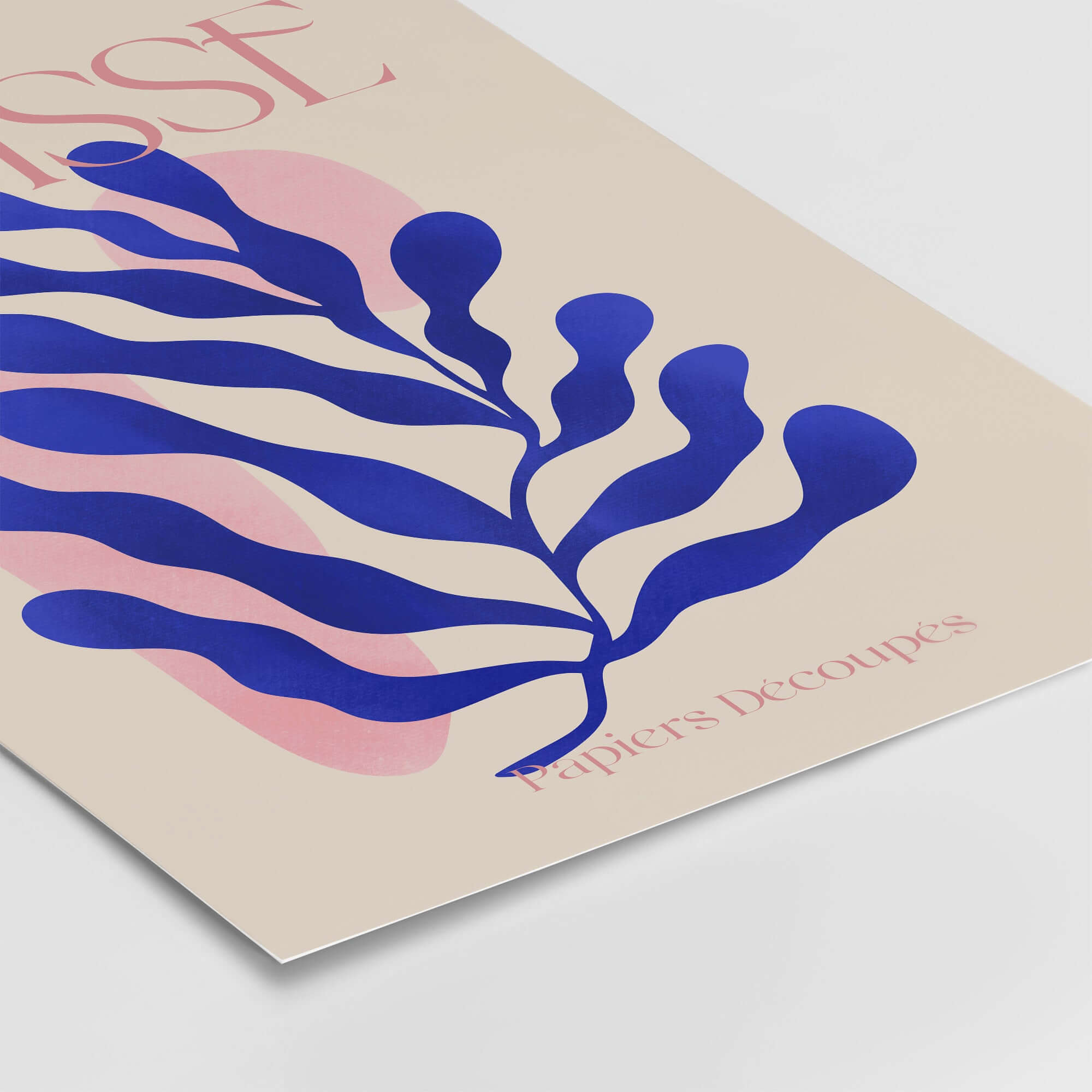 Matisse Blue Leaf Abstract Papiers Découpés Wall Art Print featuring a blue leaf design on a beige background.